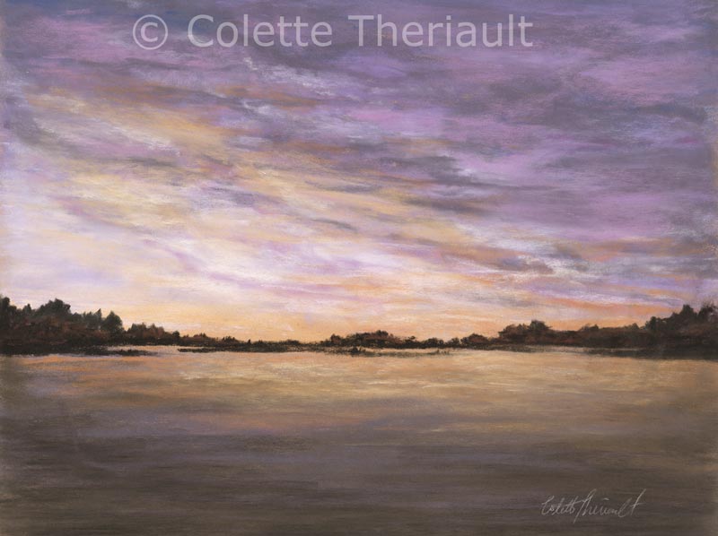 Northern lake sunset painting by Colette Theriault