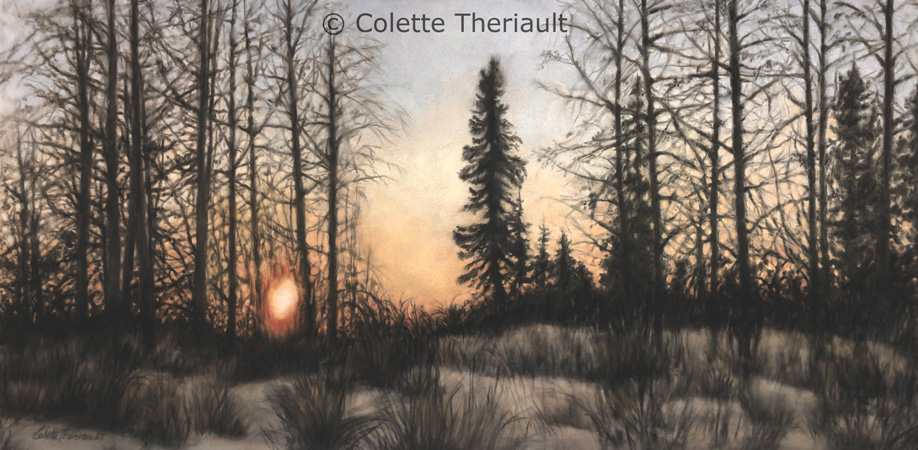 Winter forest sunset scene landscape painting by Colette Theriault