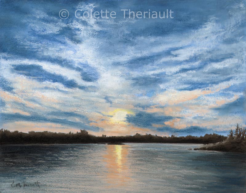Landscape lake sunset painting by Colette Theriault