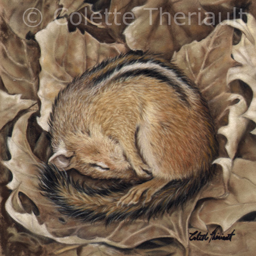 Hibernating chipmunk wildlife painting by Colette Theriault