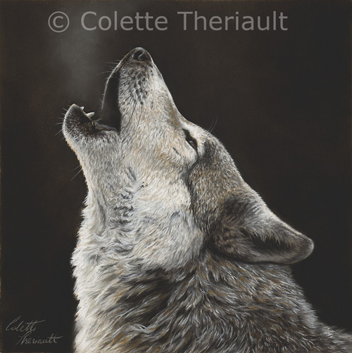 Howling grey timber wolf wildlife painting by Colette Theriault